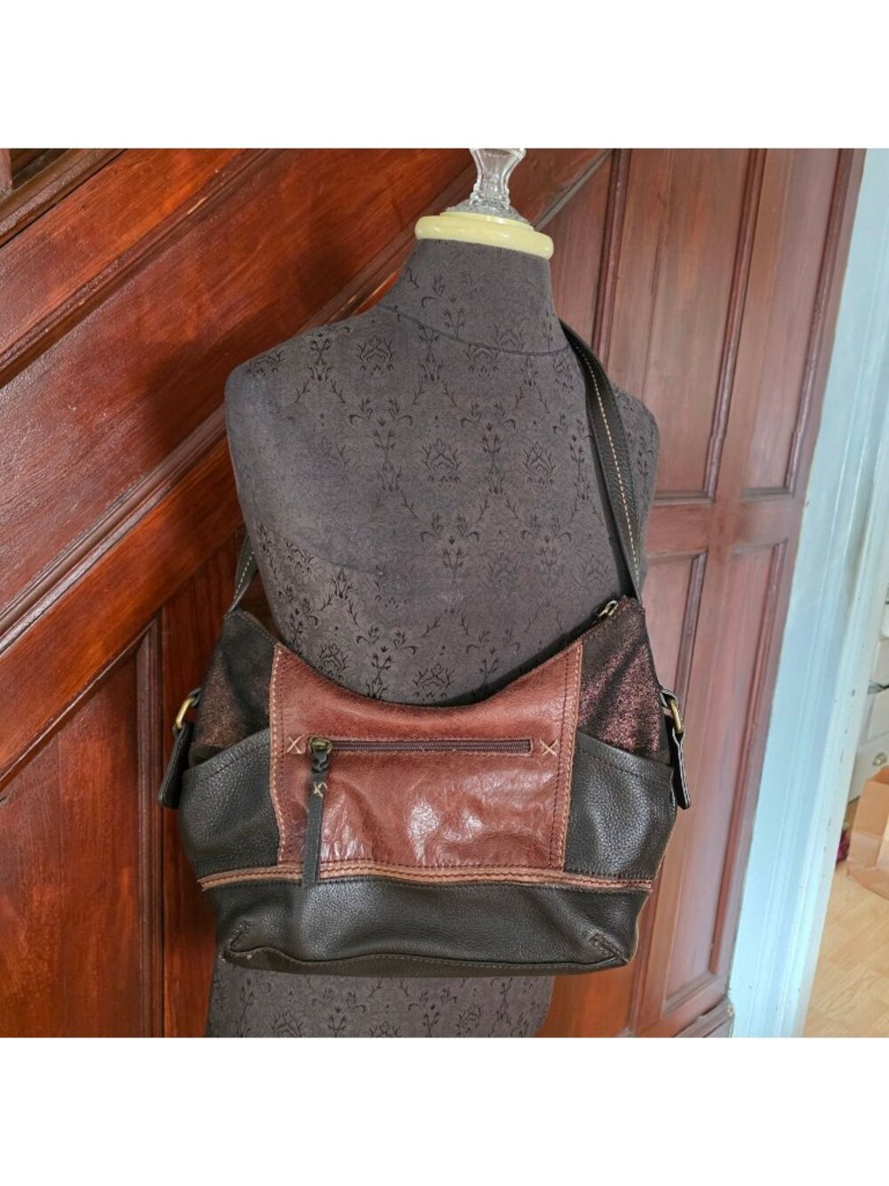 The Sak Womens Leather Patchwork Shoulder Bag Brown & Copper 13"